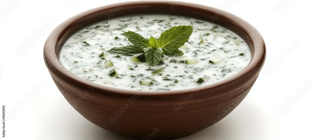 On a transparent background, two white bowls hold Raita, an Indian side dish made with yogurt, cucumbers, and spices On a transparent background, two white bowls hold Raita, an Indian side dish made with yogurt, cucumbers, and spices