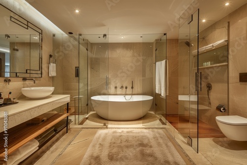 Modern Bathroom with Glass Shower and Soaking Tub