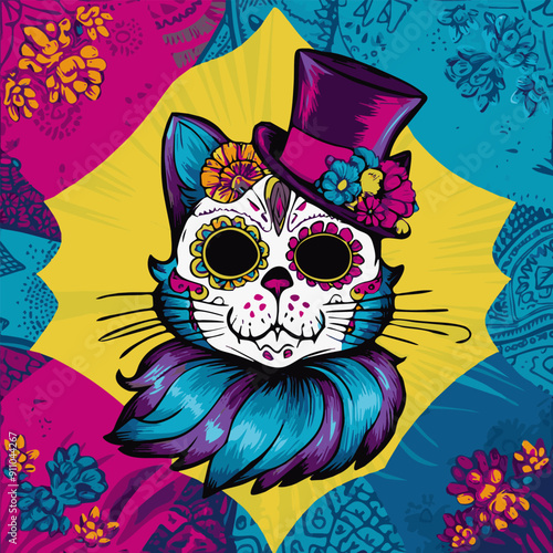A vibrant cat design adorned with sugar skull elements, flowers and patterns