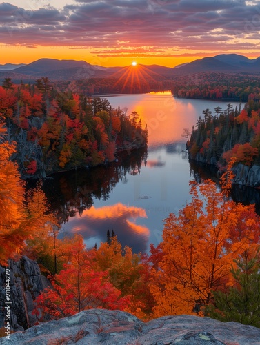 Vibrant autumn sunset over mountain lake surrounded by colorful trees and reflection