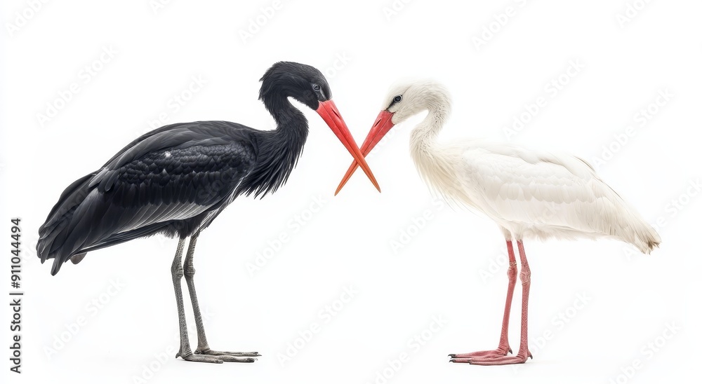Fototapeta premium The black and white storks are face to face isolated on a transparent background