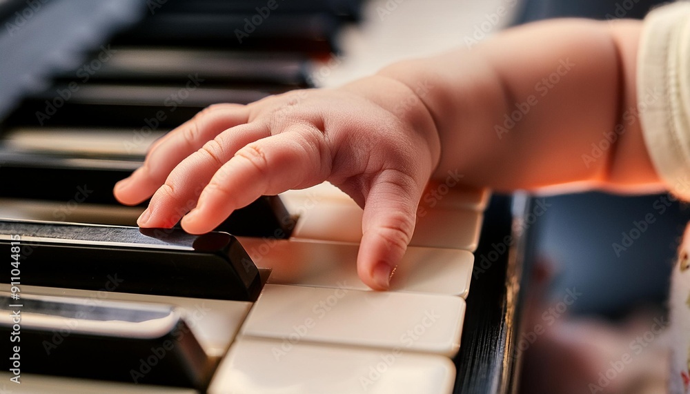 Fototapeta premium Baby playing on Piano Keys Infant playing an instrument. 