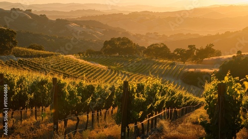 A serene vineyard scene at sunset, with soft golden light illuminating rows of grapevines and rolling hills, evoking a sense of tranquility and timeless beauty. photo