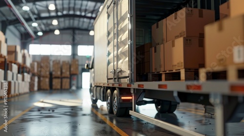 A trailer sits open in a well-lit warehouse loading dock, filled with various boxes, representing the crucial process of preparing goods for transport in a supply chain environment. © ChaoticMind