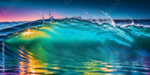 Fototapeta Naklejka Na Ścianę i Meble -  A large turquoise wave crests under a colorful sky, reflecting on the water's surface