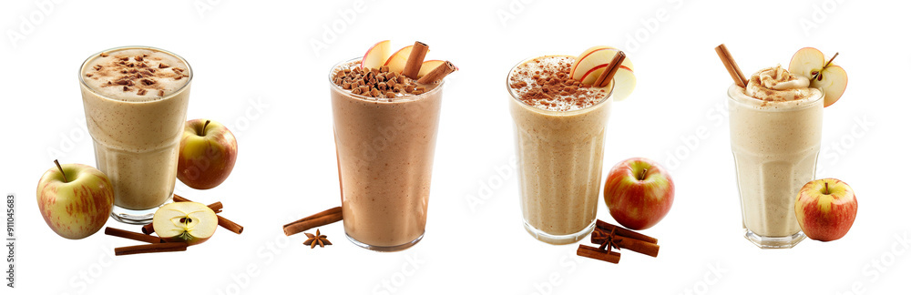 Three glasses apple cinnamon smoothie with apple slices cinnamon sticks on transparent background, snack dessert sweet creamy Three glasses apple cinnamon smoothie with apple slices cinnamon sticks on transparent background, snack dessert sweet creamy