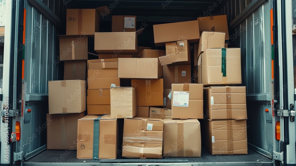 An image of a full delivery truck with numerous packed boxes inside, indicating the high volume of goods being transported and the efficiency of modern logistics and delivery systems. An image of a full delivery truck with numerous packed boxes inside, indicating the high volume of goods being transported and the efficiency of modern logistics and delivery systems.