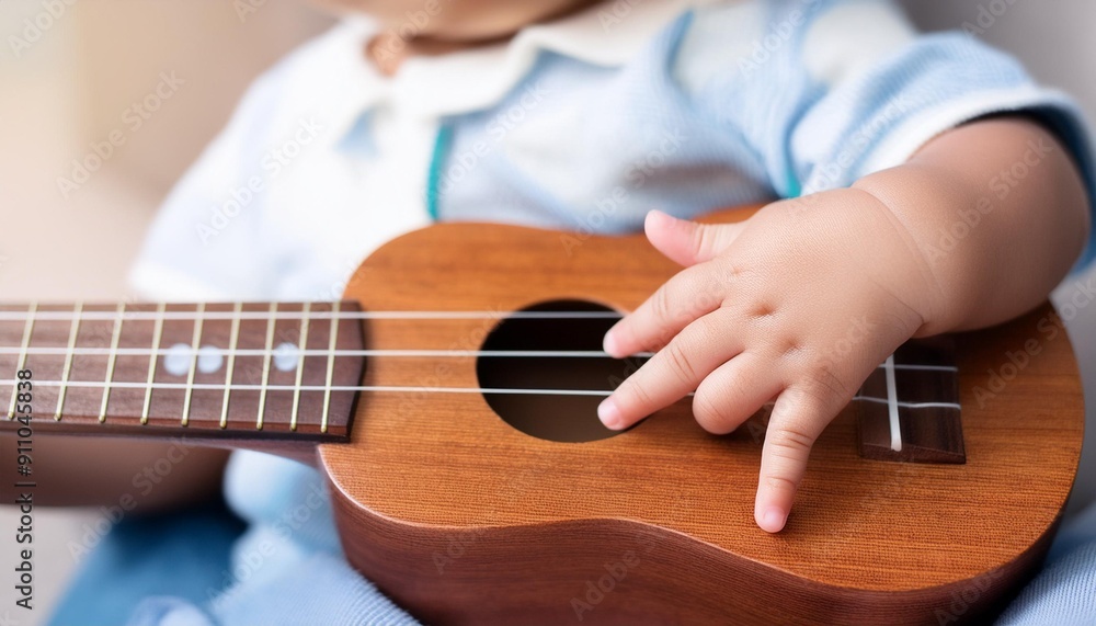 Fototapeta premium Baby playing on Ukulele Infant playing an instrument. 