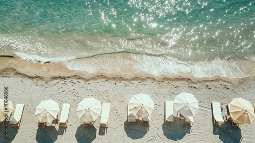A scenic beachside view showing several sun umbrellas neatly arranged along the shore, with gentle ocean waves glistening under the sunlight, creating a peaceful atmosphere.