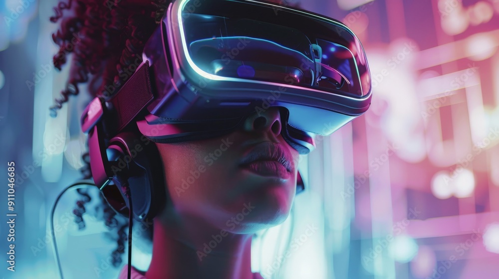 An individual wearing a VR headset engaged in virtual reality, surrounded by vibrant, luminous graphics, indicative of an immersive and futuristic digital environment. An individual wearing a VR headset engaged in virtual reality, surrounded by vibrant, luminous graphics, indicative of an immersive and futuristic digital environment.