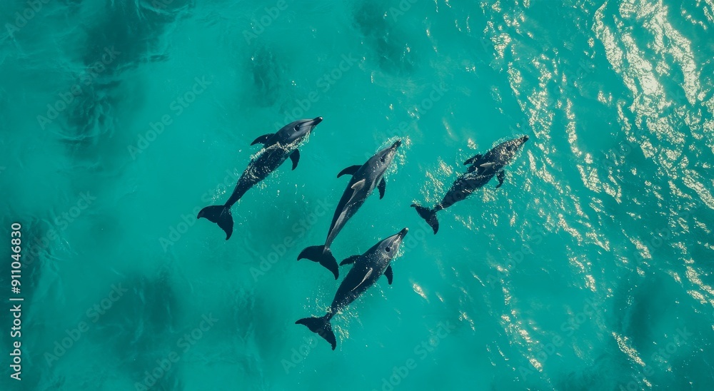 Obraz premium Pod of dolphins swimming gracefully in crystal clear ocean water, seen from an aerial view