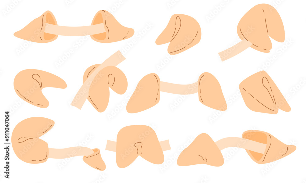 Chinese fortune cookies. Set, collection of food illustration. Crisp cookie with a blank piece of paper inside. Surprised message inside of bake. Chinese traditional food Chinese fortune cookies. Set, collection of food illustration. Crisp cookie with a blank piece of paper inside. Surprised message inside of bake. Chinese traditional food