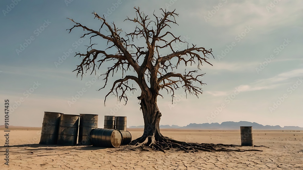 An old dried out tree in the middle of endless hot climate desert with oil barrels surrounded it, concept of nature, global warming, environment, energy and power sources