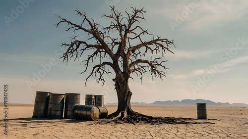 Obraz na płótnie An old dried out tree in the middle of endless hot climate desert with oil barrels surrounded it, concept of nature, global warming, environment, energy and power sources w salonie
