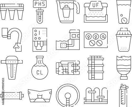 Water Treatment Filter Collection Icons Set Vector. Plant Purification System And Water Filtration Equipment, Chlorine And Ultraviolet Treat Black Contour Illustrations
