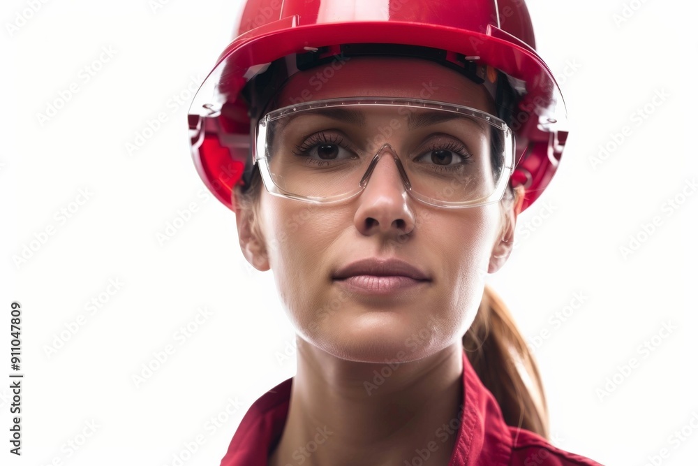 Female worker wearing a red safety helmet and safety glasses, close-up against a bright white background, embodying a professional and focused demeanor in a clean industrial setting. Female worker wearing a red safety helmet and safety glasses, close-up against a bright white background, embodying a professional and focused demeanor in a clean industrial setting.