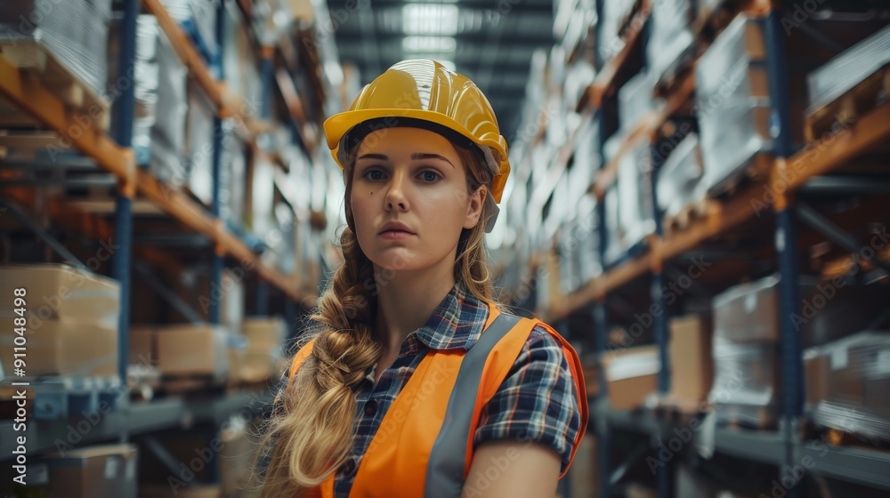 A serious-looking female worker wearing a yellow hard hat and an orange safety vest stands in a bustling warehouse, reflecting industriousness and determination in her role. A serious-looking female worker wearing a yellow hard hat and an orange safety vest stands in a bustling warehouse, reflecting industriousness and determination in her role.