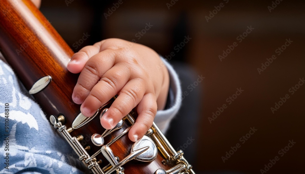Obraz premium Baby playing on Oboe Infant playing an instrument. 