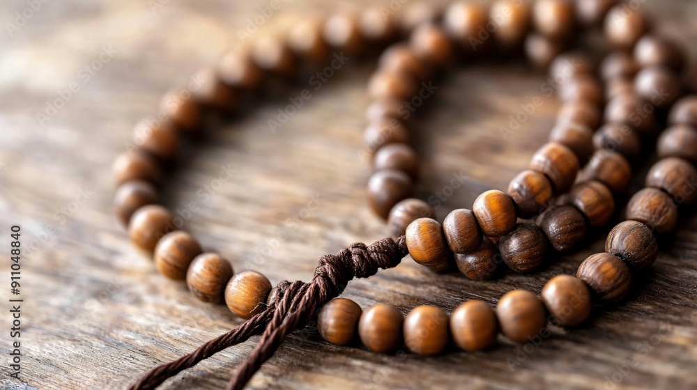 Angled View of Prayer Beads on Wooden Table with Soft Patterns Angled View of Prayer Beads on Wooden Table with Soft Patterns