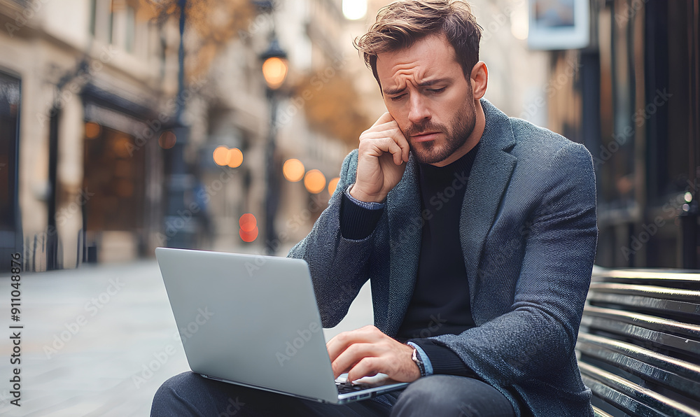 Worried male entrepreneur using laptop on street bench, displaying signs of stress with no office, urban setting. Displaced businessman coping with work challenges outside workspace Worried male entrepreneur using laptop on street bench, displaying signs of stress with no office, urban setting. Displaced businessman coping with work challenges outside workspace
