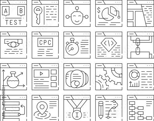 Seo Search Engine Optimization Icons Set Vector. Seo Copywriting And Monitoring, Content And Analyzing, Settings And Links Collection Black Contour Illustrations