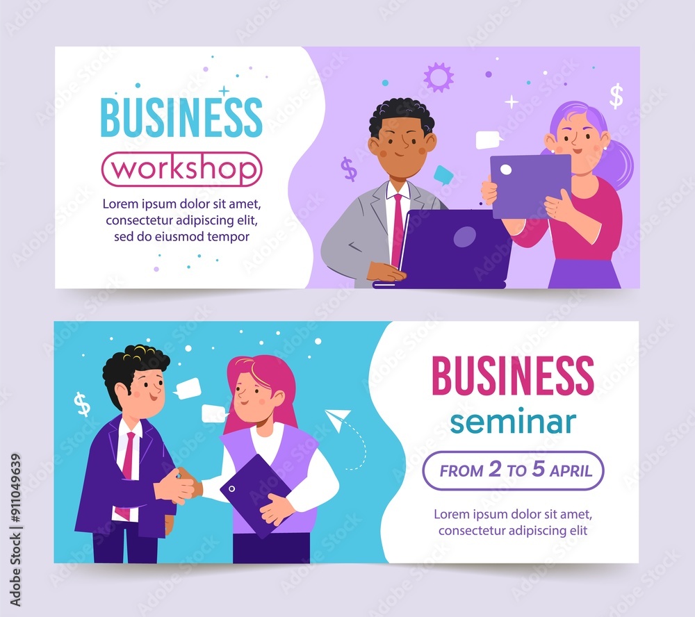 Fototapeta premium Hand drawn flat business scenes horizontal banner template set collection