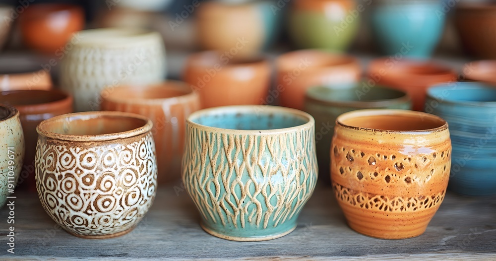 Colorful handmade ceramic pots with intricate designs and textures arranged on an old wooden table in the studio, showcasing their unique patterns and colors. Colorful handmade ceramic pots with intricate designs and textures arranged on an old wooden table in the studio, showcasing their unique patterns and colors.