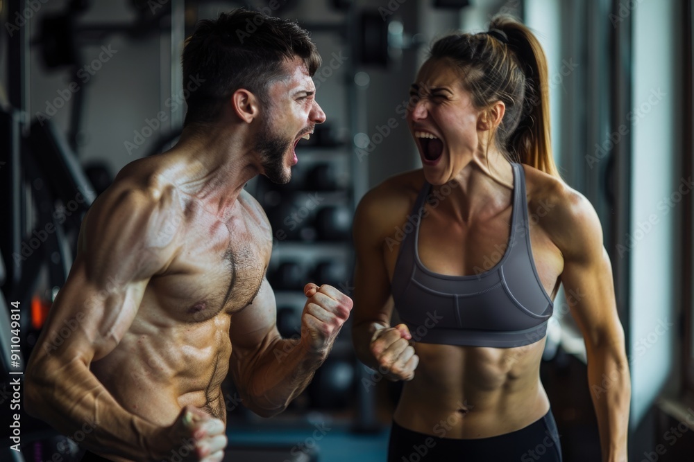 Fototapeta premium Muscular Couple Shouting in Celebration After Workout