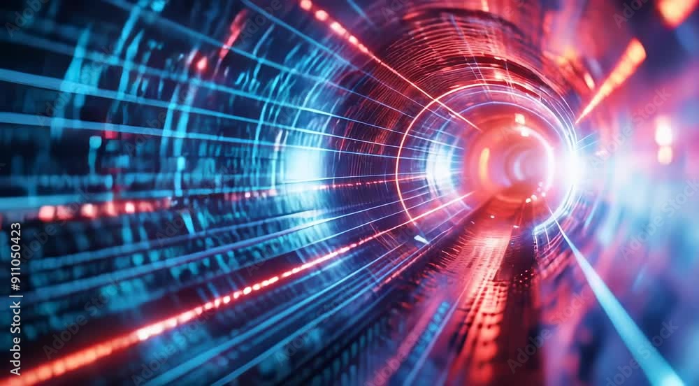 A vibrant digital tunnel with glowing blue and red lights, featuring complex circuitry and data streams, symbolizing fast data transfer and high-tech communication. A vibrant digital tunnel with glowing blue and red lights, featuring complex circuitry and data streams, symbolizing fast data transfer and high-tech communication.