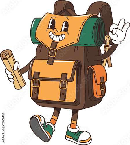 Retro cartoon groovy travel backpack character with funky face, vector comic smile. Groovy tourist backpacker bag or rucksack with map for summer vacations and holiday funny groovy character