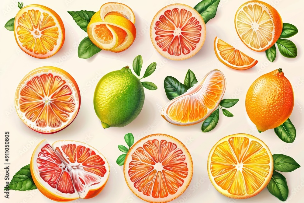 Obraz premium Digital citrus fruits illustration, including lemons, limes, and oranges.