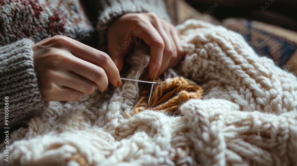 Close-up of Knitting Needles and Yarn in Hands: A Detailed View Close-up of Knitting Needles and Yarn in Hands: A Detailed View