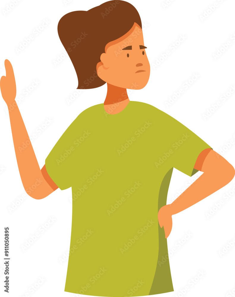 Thoughtful girl is raising index finger, having doubtful and questioning facial expression Thoughtful girl is raising index finger, having doubtful and questioning facial expression