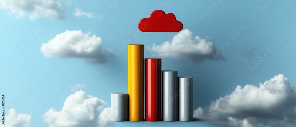 Colorful Bar Graph with Cloud Icons on Blue Sky Background Representing Data Analytics and Cloud Computing Colorful Bar Graph with Cloud Icons on Blue Sky Background Representing Data Analytics and Cloud Computing