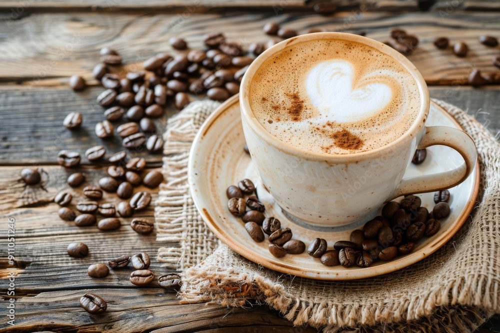 Coffee with Heart-Shaped Latte Art on Rustic Wooden Table Coffee with Heart-Shaped Latte Art on Rustic Wooden Table