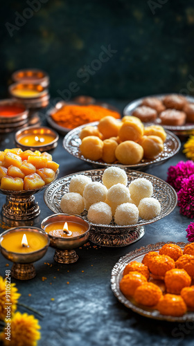 Traditional Indian Sweets and Candles, Festive Mood, Colorful Background