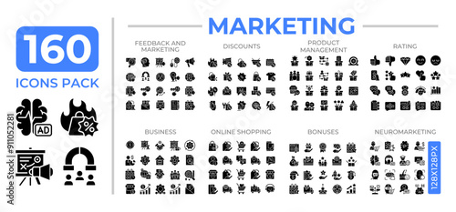 Digital marketing glyphs icon set collection. Online shopping discounts. Business product management mega pack of black solid symbols, pixel perfect. Isolated vector illustrations. Editable stroke