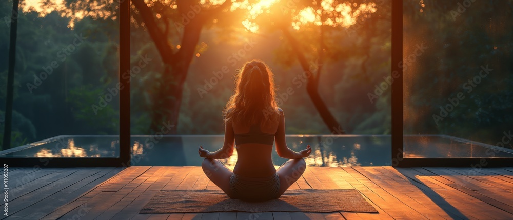 Woman Meditating by Pool at Sunset Woman Meditating by Pool at Sunset