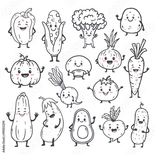 set of cartoon vegetables isolated on white. Funny vegetable. Doodle. Cute character. Food vector illustration

