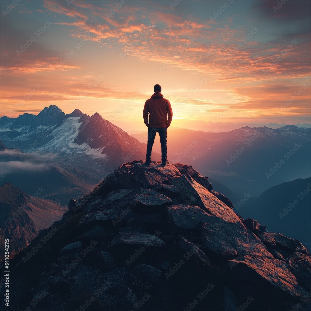 Fototapeta premium Man on Mountaintop at Sunrise, Looking at Horizon