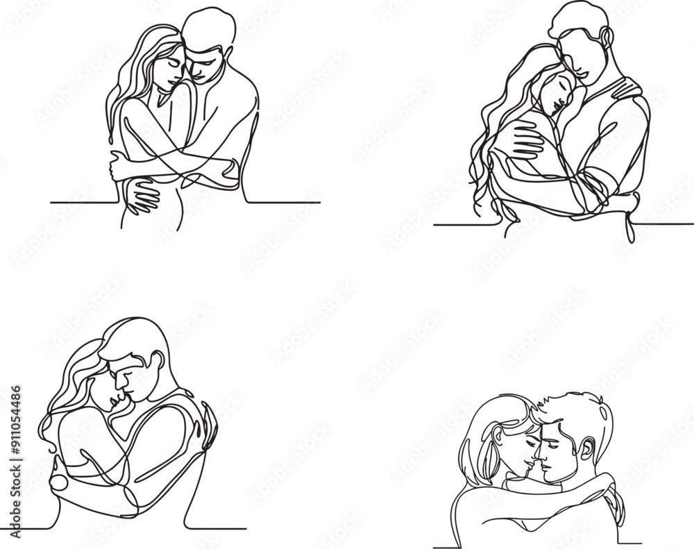 continuous single line drawing of man and woman hugging, line art vector illustration continuous single line drawing of man and woman hugging, line art vector illustration