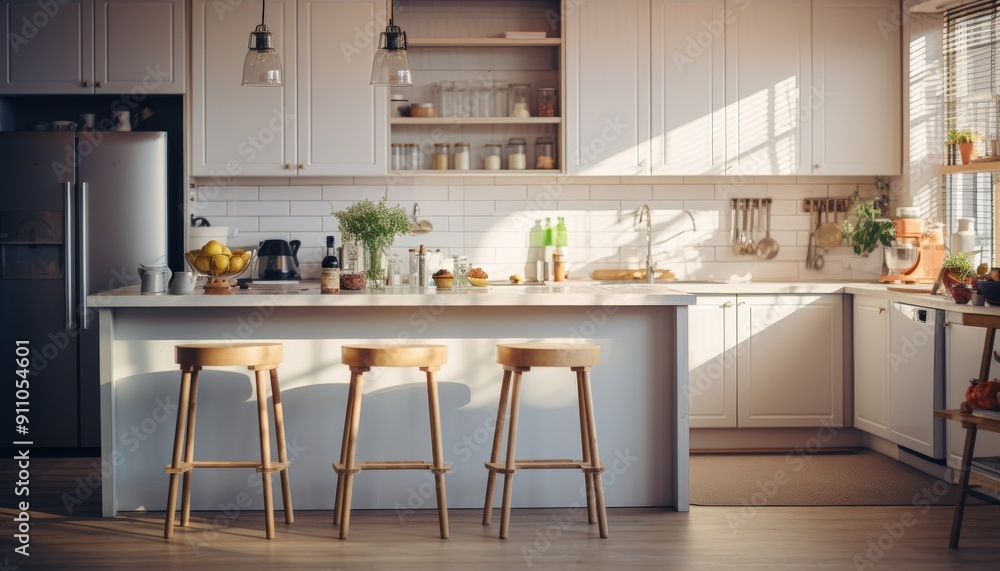 Modern Kitchen Island with Three Wooden Stools and Sunlight Streaming Through Window Modern Kitchen Island with Three Wooden Stools and Sunlight Streaming Through Window