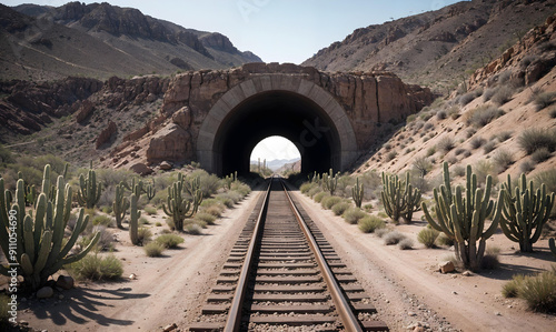 A long railroad track leading into a dark tunnel surrounded by a desert with cactus