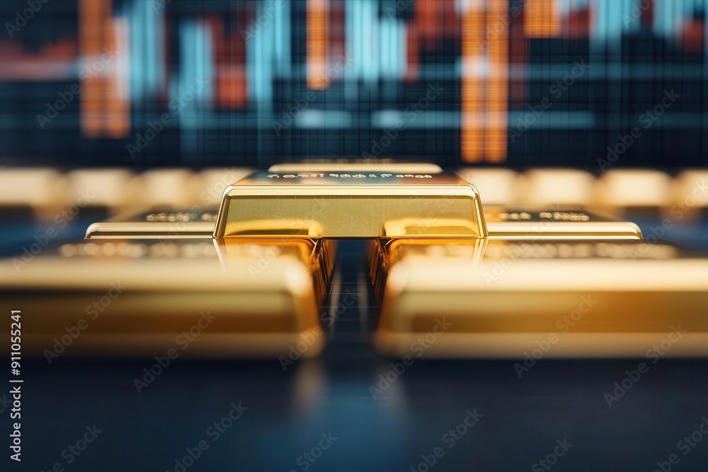 Close-up view of gold bars with financial graphs in the background, symbolizing wealth and investment opportunities. Close-up view of gold bars with financial graphs in the background, symbolizing wealth and investment opportunities.