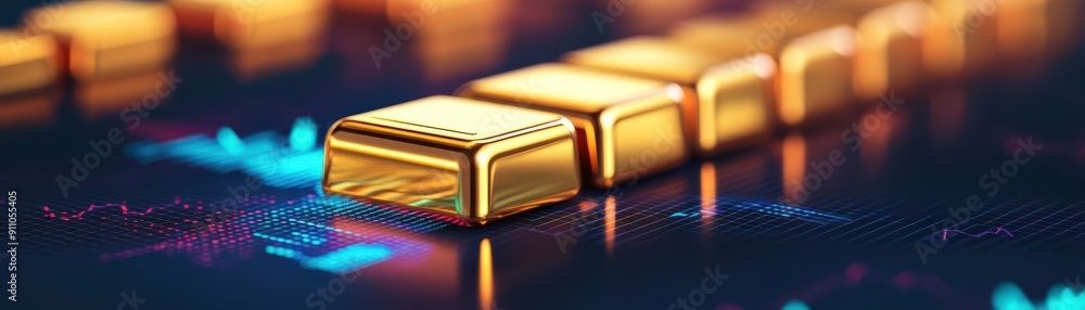 Golden bars arranged in a line, symbolizing wealth and prosperity within a digital financial backdrop. Golden bars arranged in a line, symbolizing wealth and prosperity within a digital financial backdrop.