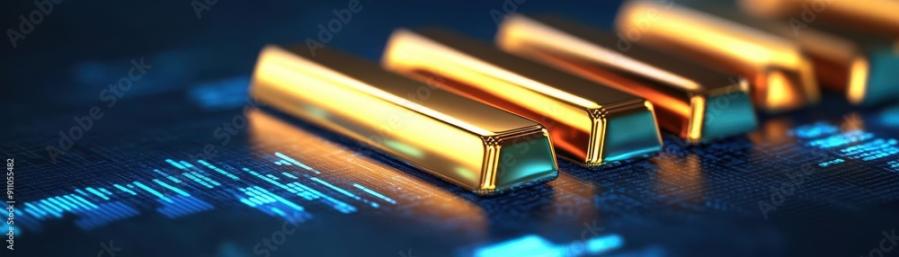 Shiny gold bars displayed with digital data, symbolizing wealth, investment, and finance. Ideal for luxury and finance themes. Shiny gold bars displayed with digital data, symbolizing wealth, investment, and finance. Ideal for luxury and finance themes.