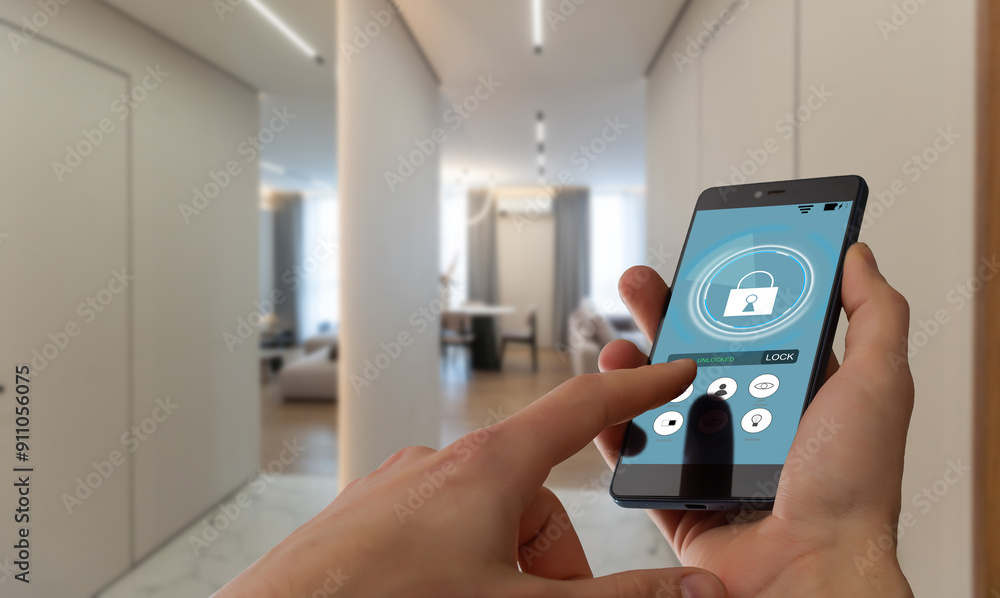 Smart home automation app on smartphone hold by female hand with home interior in background Smart home automation app on smartphone hold by female hand with home interior in background