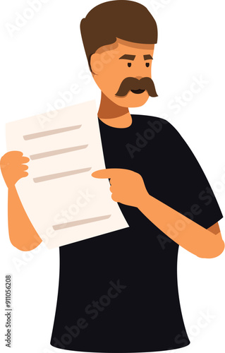 Young man with mustache pointing at document while holding it