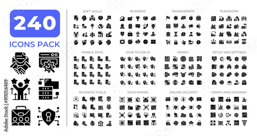 IT business management glyphs icon set collection. AI, finance. Corporate soft skills, online security mega pack of black solid symbols, pixel perfect. Isolated vector illustrations. Editable stroke