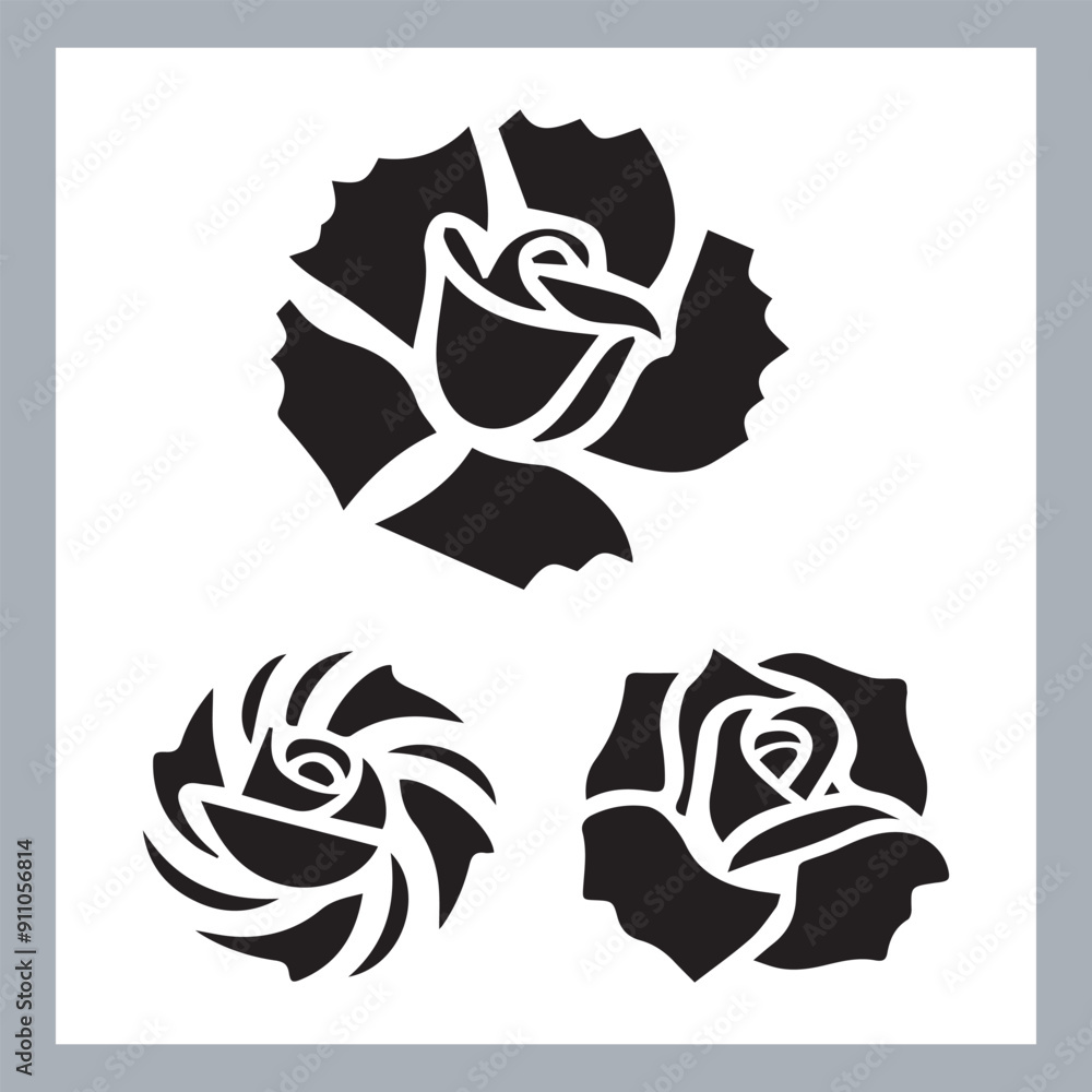 roses set silhouette vector illustration, Set of three vector black silhouettes of rose flowers, Silhouette rose flower, elegant set of rose, floral collection